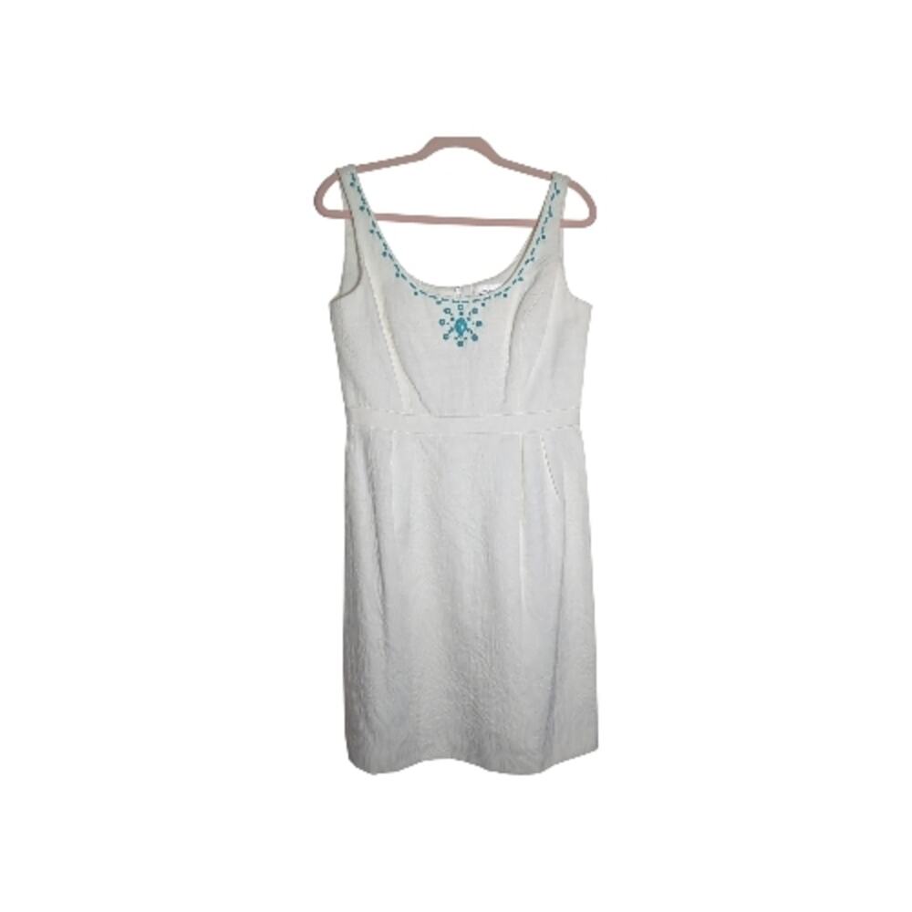Studio I Sz 10 White Jacquard Sleeveless Sheath Dress Turquoise Beading Coastal